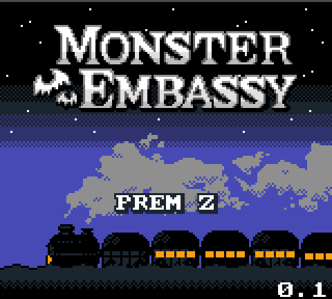 Animated pixel-art picture with a moving train and a logo that says "Monster Embassy".